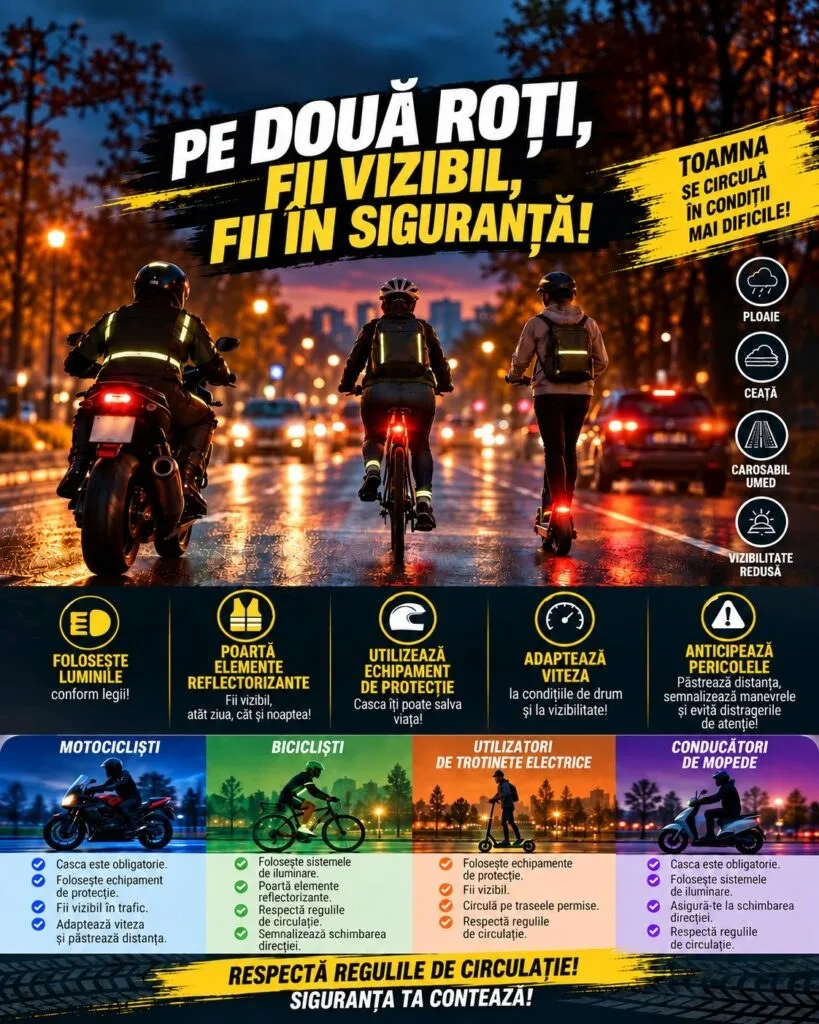 Un motociclist, un biciclist și un utilizator de trotinetă electrică circulă pe un drum umed pe timp de noapte, în spatele unor vehicule cu faruri aprinse.