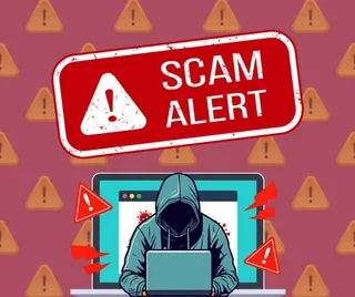 O ilustrație cu un personaj cu capotă în fața unui laptop, înconjurat de semne de exclamare și un panou roșu pe care scrie SCAM ALERT.