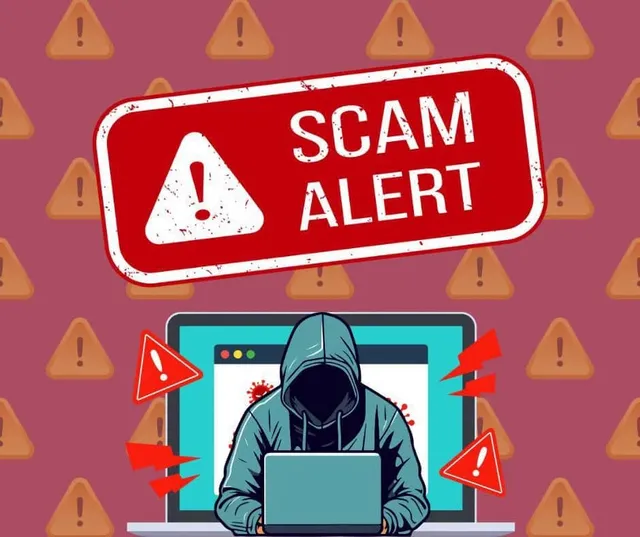 O ilustrație cu un personaj cu capotă în fața unui laptop, înconjurat de semne de exclamare și un panou roșu pe care scrie SCAM ALERT.