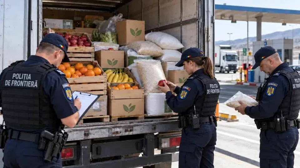 Trei polițiști de frontieră inspectează diverse cutii cu fructe și saci cu produse dintr-un camion parcat la un punct de frontieră.