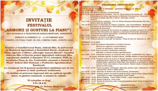 Două pagini de invitație cu text și decorațiuni de frunze de toamnă pe un fundal deschis la culoare.
