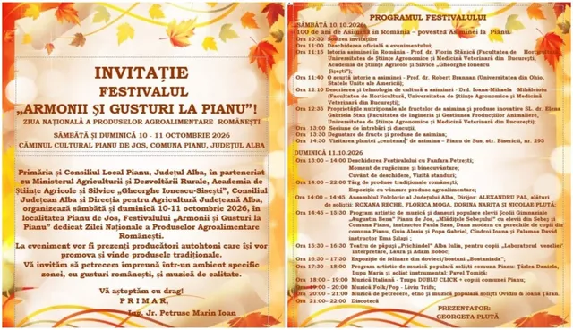 Două pagini de invitație cu text și decorațiuni de frunze de toamnă pe un fundal deschis la culoare.