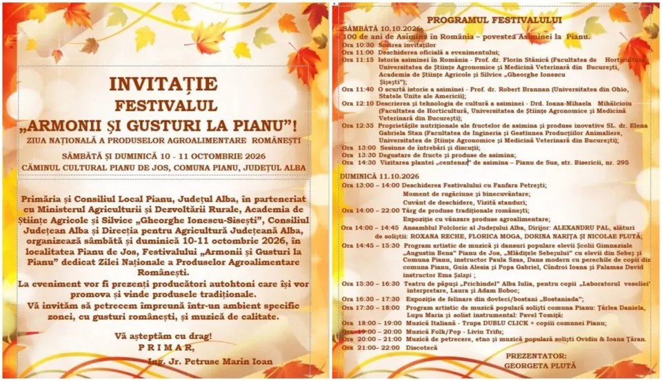Două pagini de invitație cu text și decorațiuni de frunze de toamnă pe un fundal deschis la culoare.