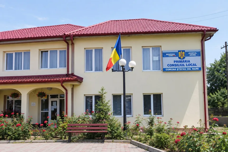 O clădire cu acoperiș roșu, un stâlp cu două globuri albe și un banc de grădină situat în fața unei vegetații cu flori roșii.