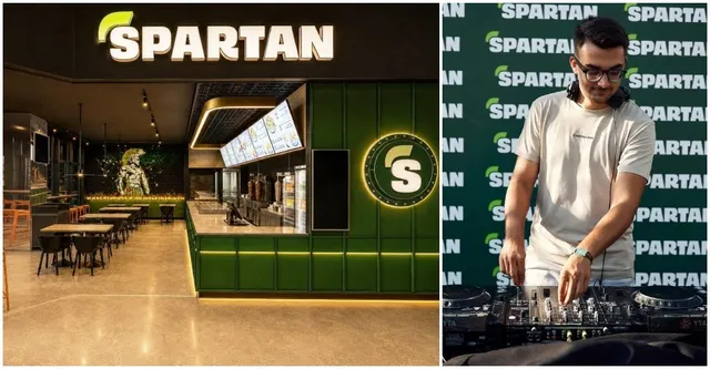 Un colaj prezintă interiorul unui restaurant cu mese și scaune, alături de un bărbat cu ochelari operând un mixer de DJ.