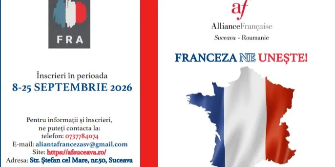 Afiș publicitar pentru înscrieri la cursuri de limba franceză, cu harta Franței în culorile drapelului și detalii de contact.