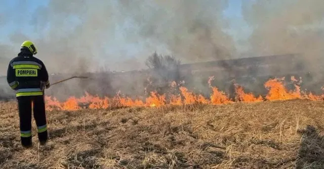 Un pompier în uniformă, cu spatele la privitor, stă într-un câmp de iarbă uscată, în timp ce în fața sa arde o linie de foc, generând fum. Cerul este parțial înnorat.