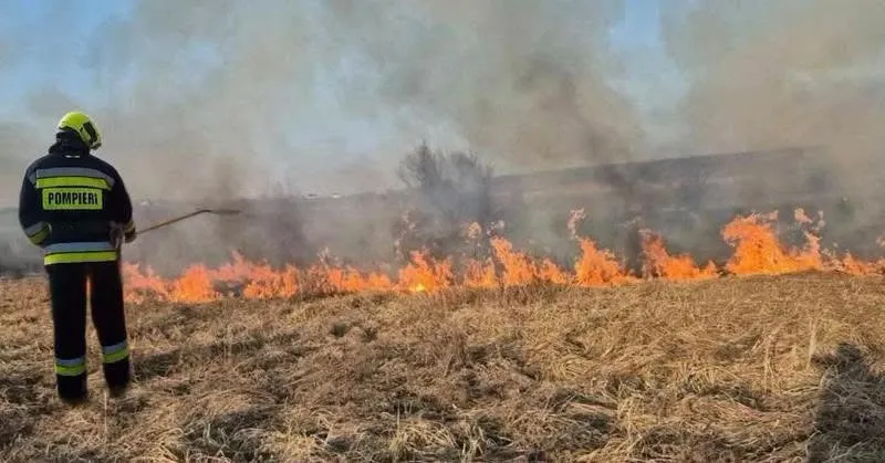 Un pompier în uniformă, cu spatele la privitor, stă într-un câmp de iarbă uscată, în timp ce în fața sa arde o linie de foc, generând fum. Cerul este parțial înnorat.