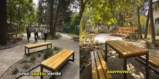 Două cadre prezintă un spațiu exterior cu bănci de lemn cu picioare metalice dispuse pe un pavaj gri lângă copaci și plante.