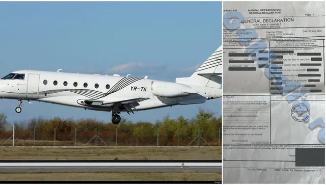 Un avion alb cu marcaje negre decolă de pe o pistă, aflat lângă un document tip General Declaration.