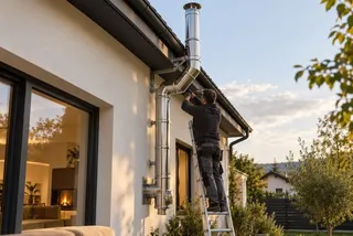 Un bărbat stă pe o scară metalică și lucrează la un coș de fum din inox montat pe peretele unei clădiri albe.