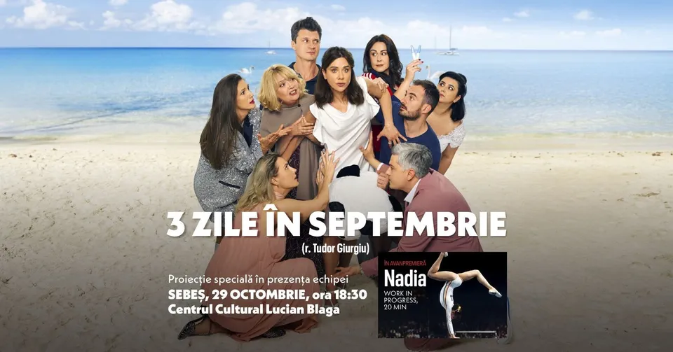 O grupă de tineri pozând pe o plajă cu nisai și mare în fundal, cu textul evenimentului suprapus.
