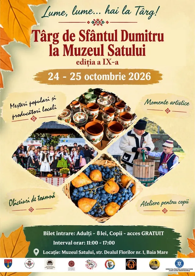 Un afiș cu text, imagini cu obiecte de ceramică, fructe, oameni în costume tradiționale și frunze de arțar pe un fundal galben.