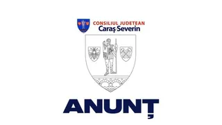 Un logo albastru și roșu este poziționat deasupra unui scut alb cu un personaj central și două embleme laterale, sub textul ANUNȚ.