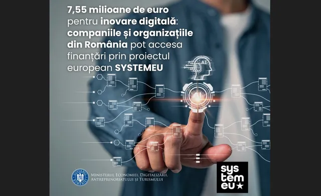 Un bărbat arată spre un ecran digital care conține pictograme de documente și linii de conexiune pe un fundal albastru.