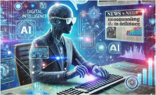 O figură antropomorfă digitală cu ochelari stă la un birou folosind un tastatură și un stilou în fața unor ecrane cu grafice și text.
