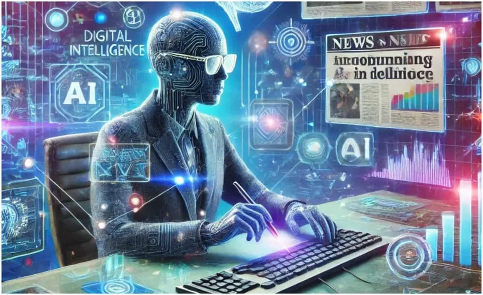 O figură umanoidă metalică cu ochelari stă la un birou folosind un tastatură și un stilou într-un mediu digital plin de interfețe luminoase.