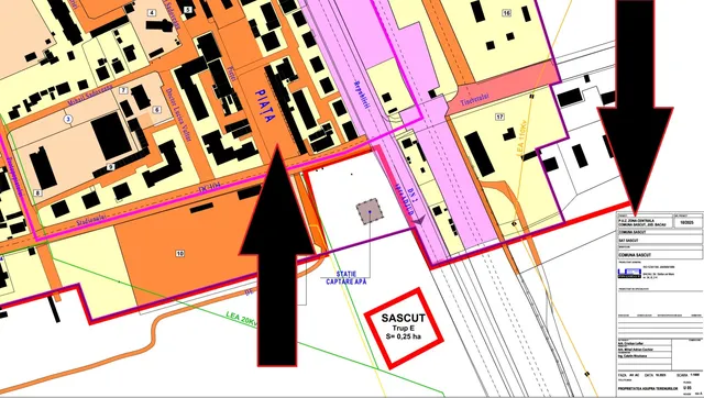 O hartă urbanistică colorată prezintă loturi de teren, străzi și zone marcate cu text, delimitând diverse suprafețe într-un plan de zonă.