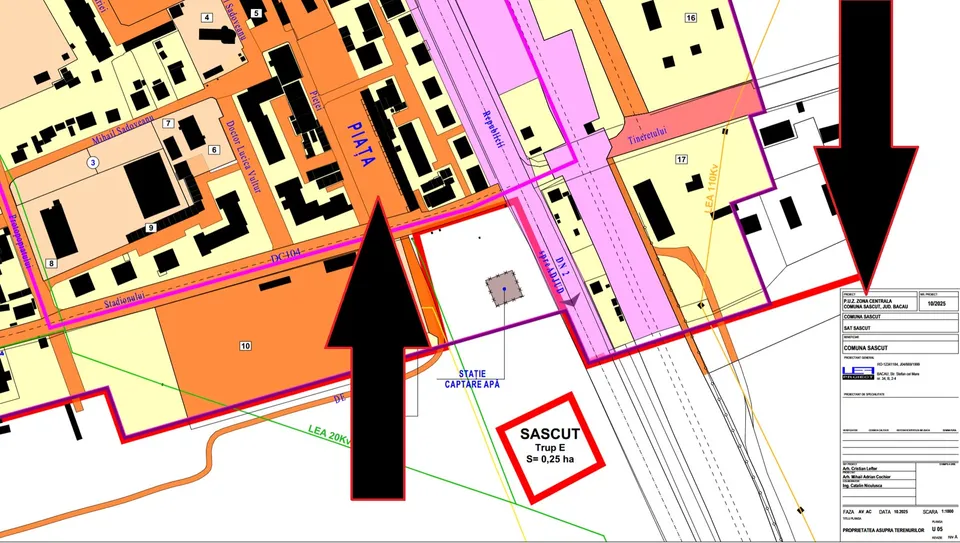 O hartă urbanistică colorată prezintă loturi de teren, străzi și zone marcate cu text, delimitând diverse suprafețe într-un plan de zonă.