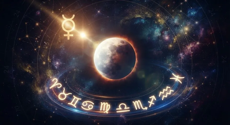 O ilustrație cosmică prezintă o lună mare în centru, simboluri ale zodiilor dispuse într-un cerc și un simbol astrologic strălucitor pe un fundal stelat.