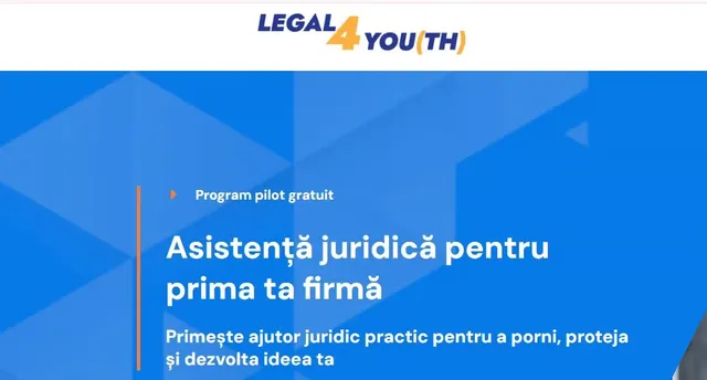 Un fundal albastru cu text alb și portocaliu care menționează un program pilot gratuit pentru asistență juridică.