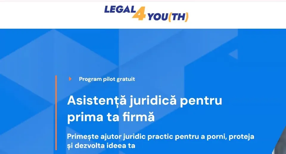 Un fundal albastru cu text alb și portocaliu care menționează un program pilot gratuit pentru asistență juridică.