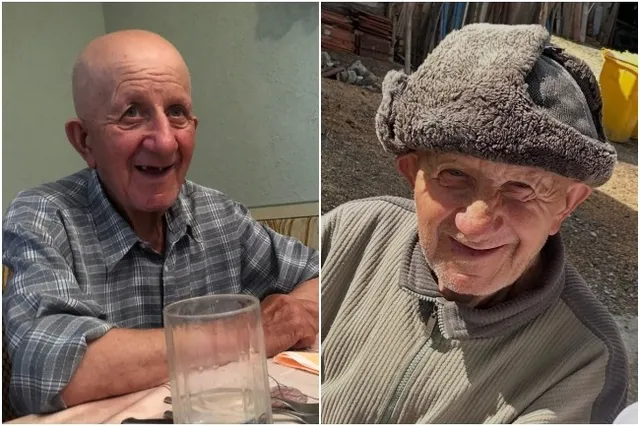 Două fotografii de tip portret cu un bărbat în vârstă, primul purtând o cămașă în carouri, iar al doilea purtând o pălărie de blană și un hanorac.