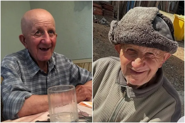 Două fotografii de tip portret cu un bărbat în vârstă, primul purtând o cămașă în carouri, iar al doilea purtând o pălărie de blană și un hanorac.