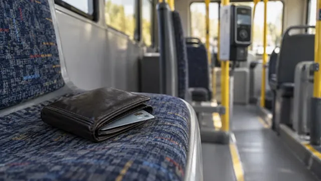 Un portofel de piele neagră cu un card alb deschis pe un scaun textil albastru într-un vehicul public.