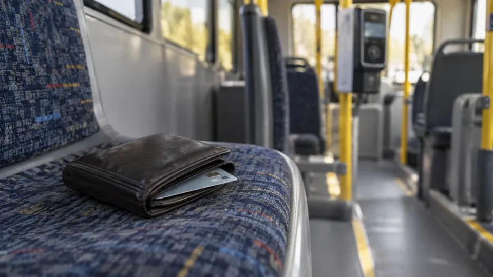 Un portofel de piele neagră cu un card alb deschis pe un scaun textil albastru într-un vehicul public.