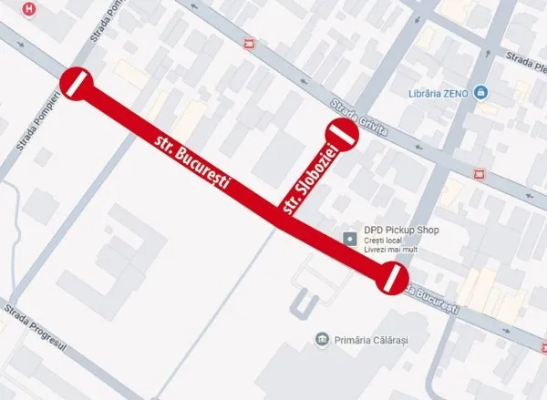 O hartă a unor străzi urbane cu două segmente de drum evidențiate în roșu, marcate cu textul str. București și str. Sloboziei.
