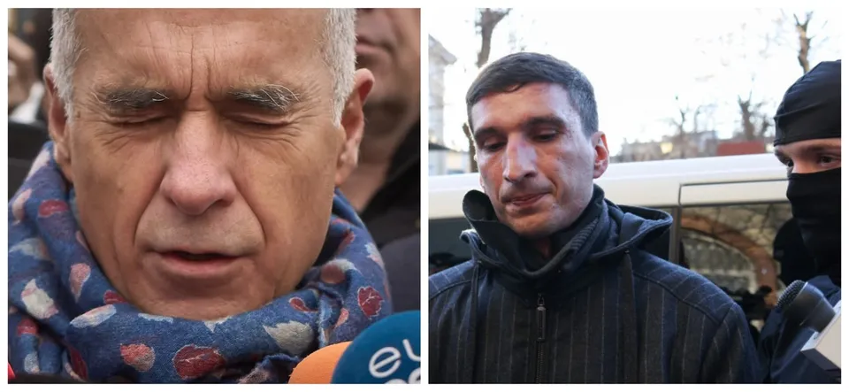 Două fotografii suprapuse prezintă portrete de aproape ale unor bărbați, unul cu ochii închiși și o eșarfă modelată, celălalt purtând o jachetă închisă la culoare.