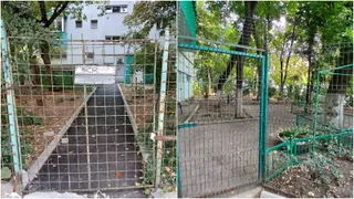 Două fotografii prezintă garduri metalice înalte și porți de acces care delimitează un spațiu verde cu copaci și un drum asfaltat.