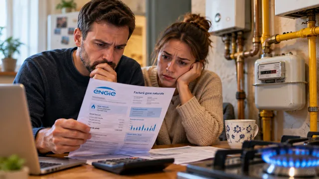 Un bărbat și o femeie privesc cu seriozitate un document de tip factură aflat în mâinile bărbatului, lângă un laptop și un calculator de calcul.