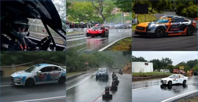 Un colaj de fotografii prezintă diverse mașini de curse circulând pe piste asfaltate, unele în interiorul habitaclului și altele pe drumuri umede.