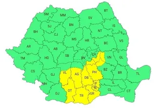 O hartă a României împărțită în județe, unde unele regiuni sunt colorate în verde și altele în galben.