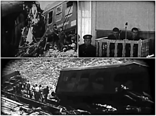 Imagine compusă formată dintr-o scenă de accident feroviar cu vagoane răsturnate și doi bărbați așezați în spatele unei balustrade de lemn.