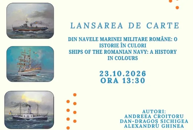 Afiș informativ cu trei ilustrații ale unor nave pe fundal alb, conținând text în limba română și engleză despre lansarea unei cărți.