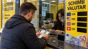 Un bărbat cu o haină neagră ține bancnote în mâini în fața unui ghișeu de schimb valutar, lângă un panou cu simboluri valutare.