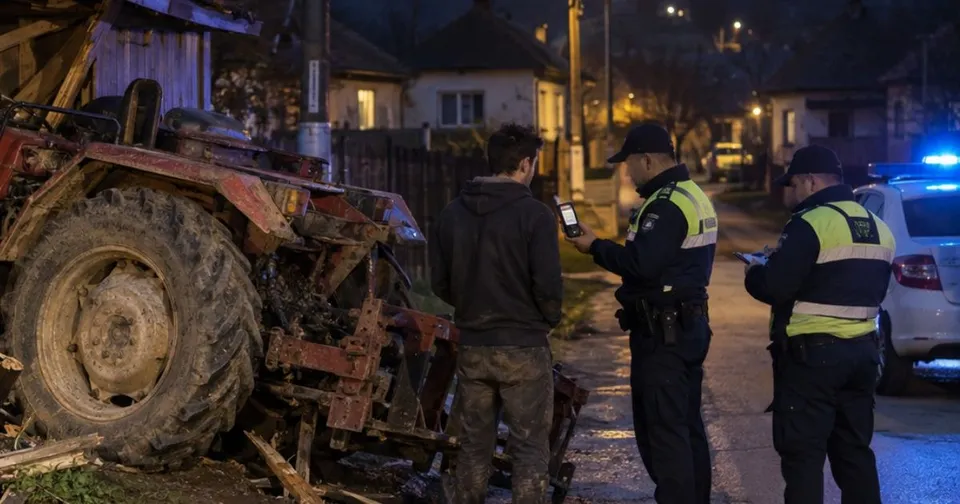 Trei bărbați stau lângă un tractor roșu deteriorat pe un drum, în timp ce un agent de poliție de culoare închisă folosește un dispozitiv luminos.
