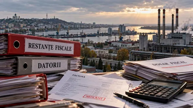 Dosare, facturi și un calculator sunt așezate pe o masă în prim-plan, având o zonă industrială și un port în fundal.