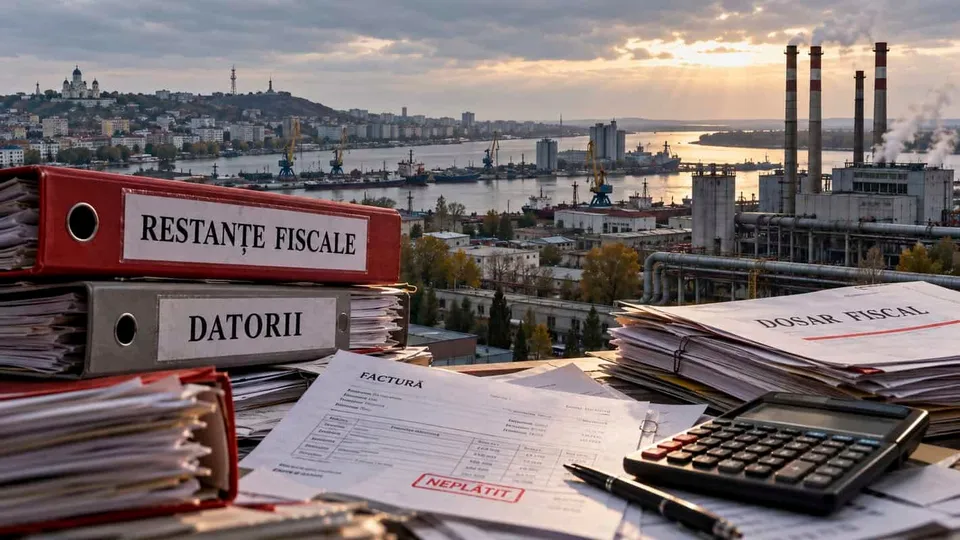Dosare, facturi și un calculator sunt așezate pe o masă în prim-plan, având o zonă industrială și un port în fundal.