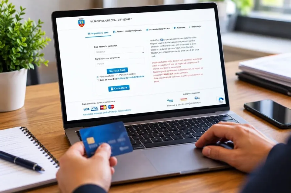 O persoană ține un card bancar deasupra unui laptop deschis pe care este afișat un site web cu un formular de plată.