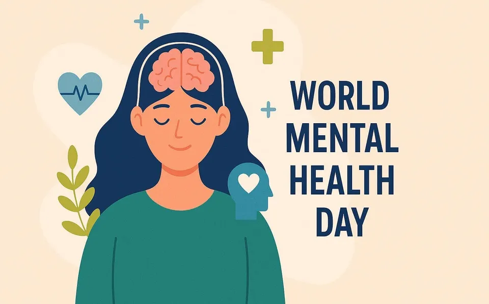 O ilustrație cu o femeie cu părul albastru, un creier vizibil în partea superioară a capului, un simbol de inimă și textul 'WORLD MENTAL HEALTH DAY'.