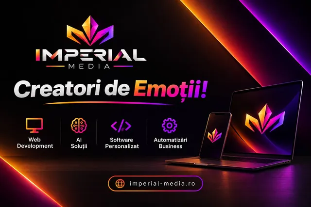 Un laptop și un smartphone afișează un logo colorat pe un fundal negru cu linii luminoase portocalii și mov.