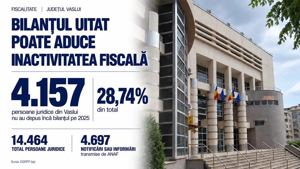 Un afiș informativ cu text albastru pe fundal alb este suprapus peste o imagine a unei clădiri cu coloane și steaguri.