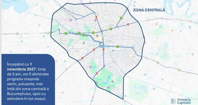 O hartă a unui oraș cu o zonă delimitată de o linie albastră închisă și text scris pe un fundal albastru în partea stângă.
