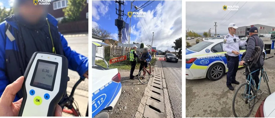 O persoană ține un dispozitiv electronic cu un ecran afișând cifre, în timp ce în fundal se observă un biciclist și un vehicul alb.