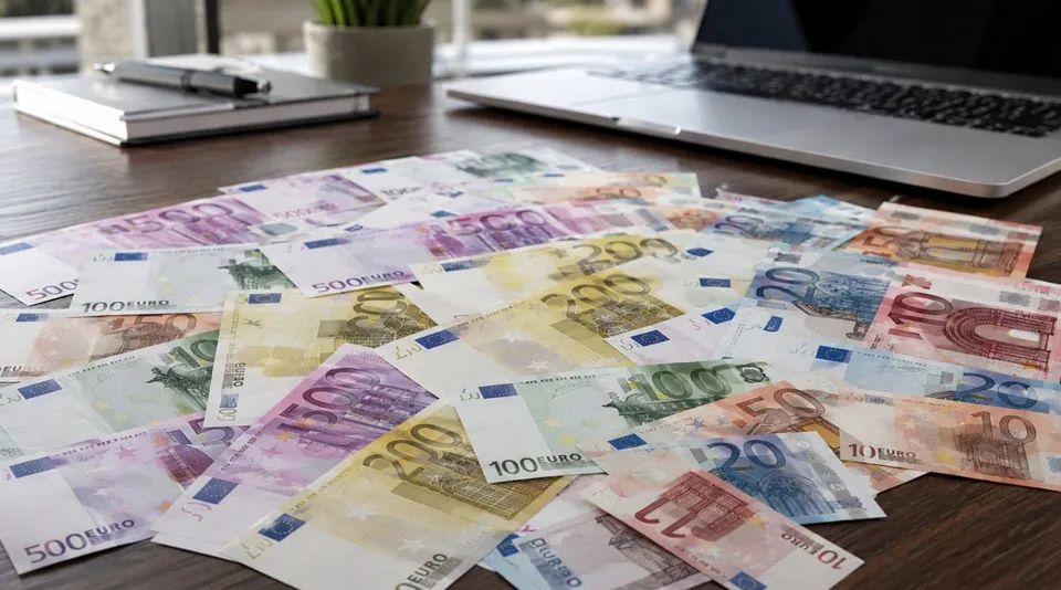 Diverse bancnote de euro sunt împrăștiate pe o masă de lemn lângă un laptop și un carnețel închis.