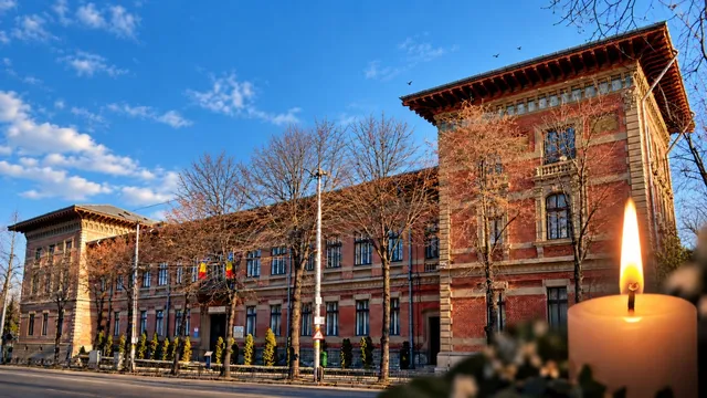 O clădire înaltă din cărămidă cu ferestre multiple este situată în spatele unor copaci fără frunze, sub un cer albastru cu nori albi.